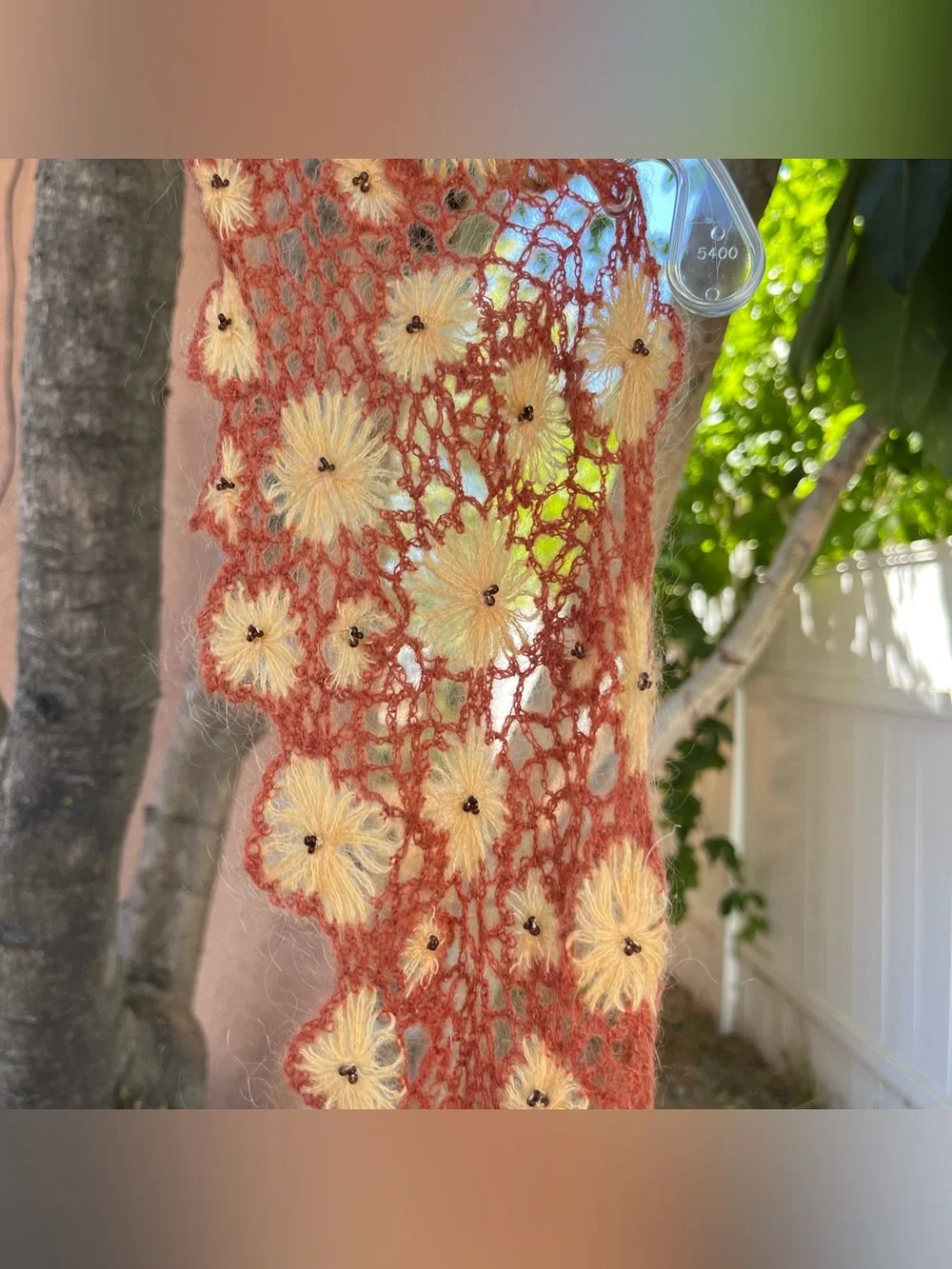 Rust & Yellow Floral Crochet Scarf with Beaded Details & Fringe.